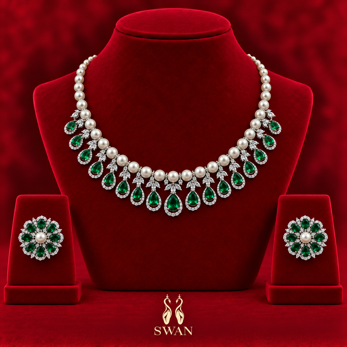 Florina Pearl Necklace Set - Emerald Green
