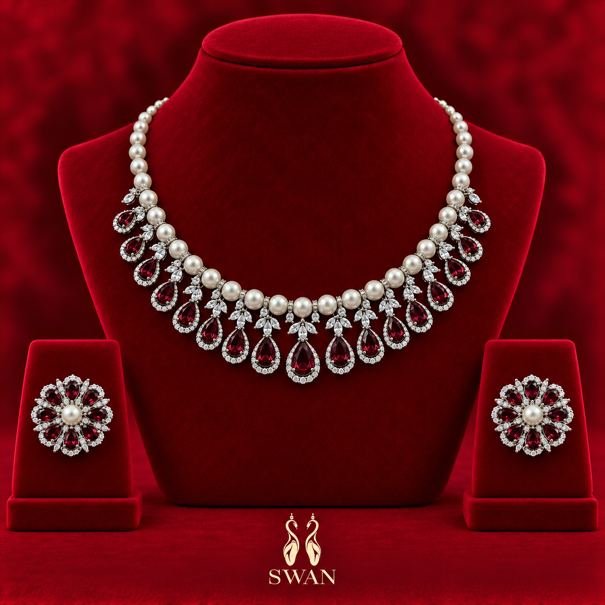 Florina Pearl Necklace Set - Ruby Red